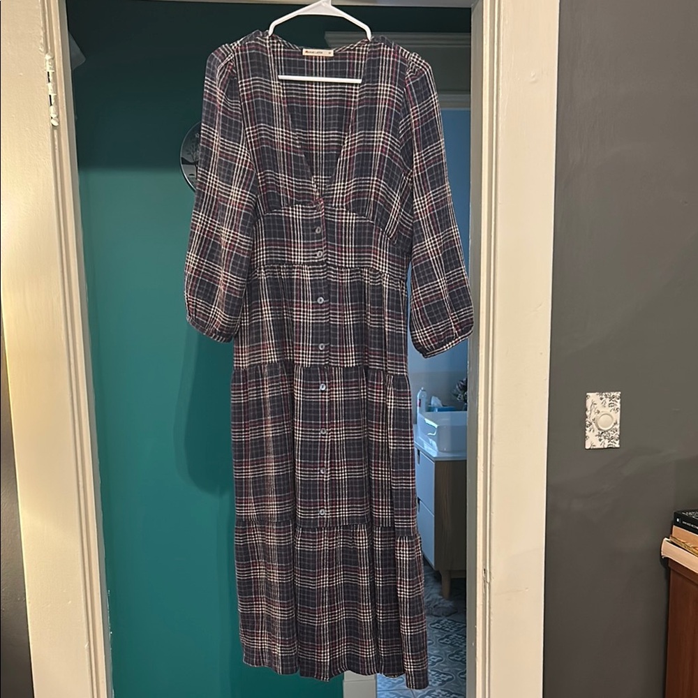Marine Layer Maeve Plaid Long Sleeve Maxi Dress M Medium